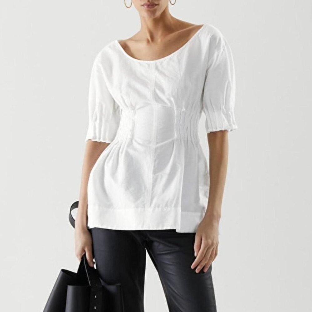 Women COS Boat Neck Linen Blend Blouse Short Sleeve in Off White Size 12